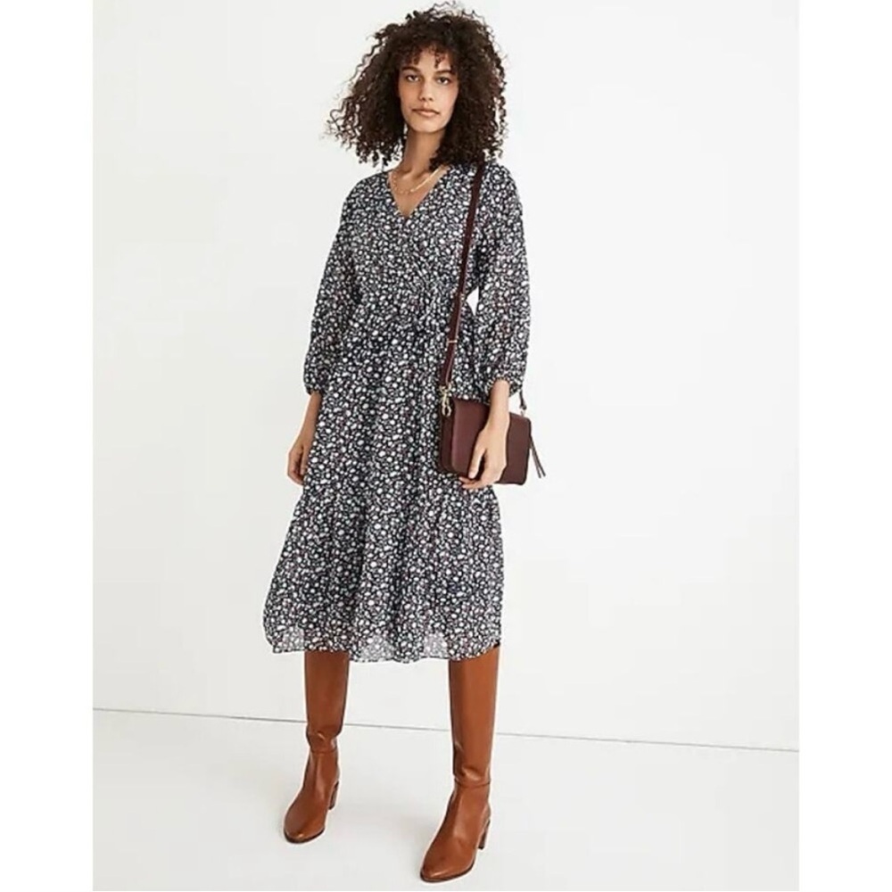 Madewell Floral Tie-Waist Midi Dress in Harvest Vine Deep Navy S